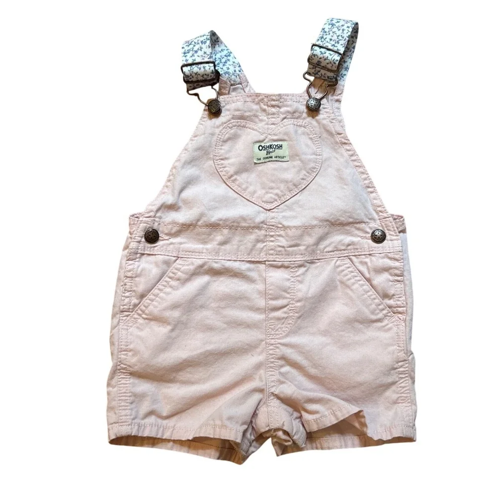OshKosh‎ B'gosh Shortalls Kids Pink Excellent Heart Pocket Floral SIZE 18m